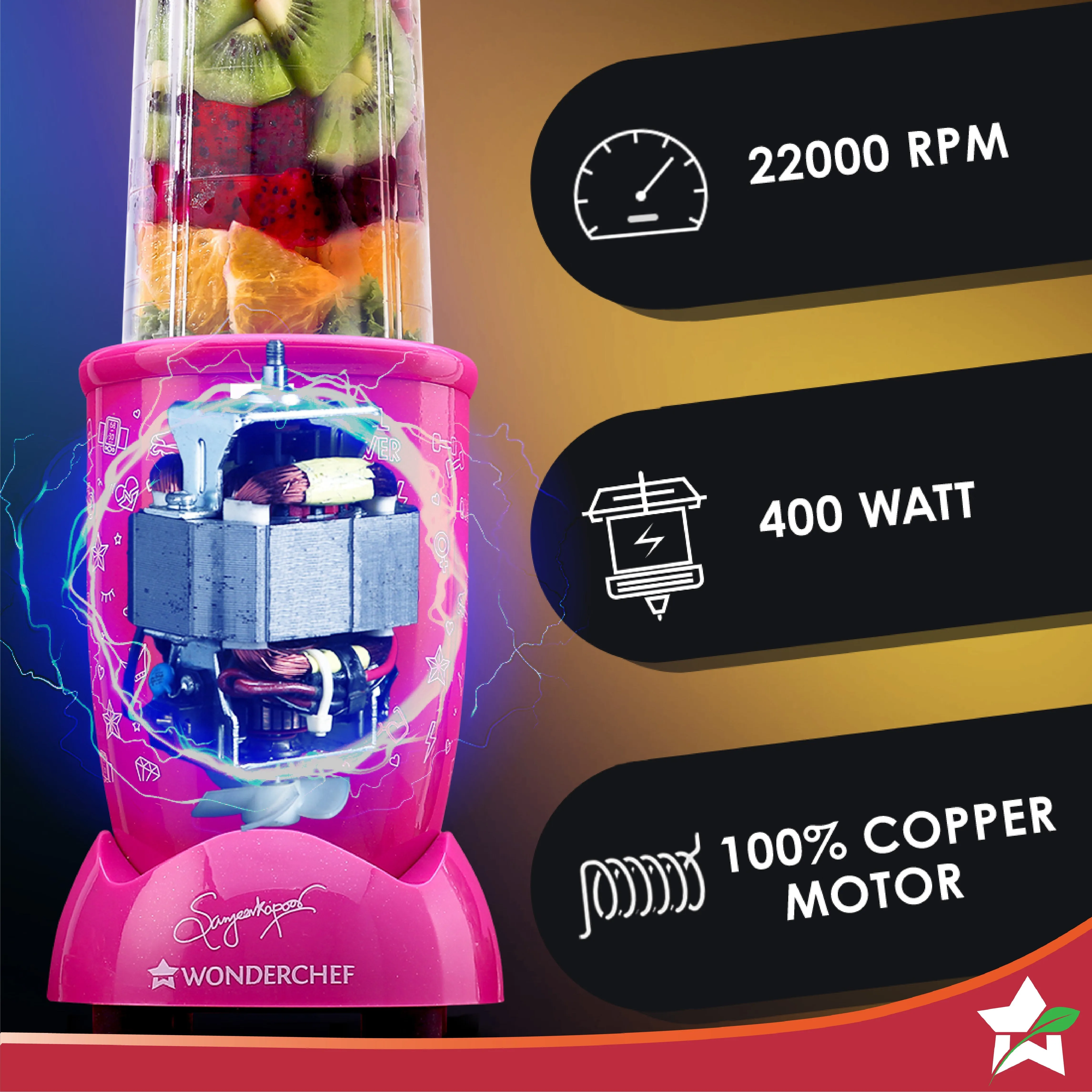 Nutri-blend GO, 22000 RPM 100% Full Copper Motor, 1 Unbreakable Jar, 400 W, 2 Years Warranty, Recipe book by Chef Sanjeev Kapoor, Pink