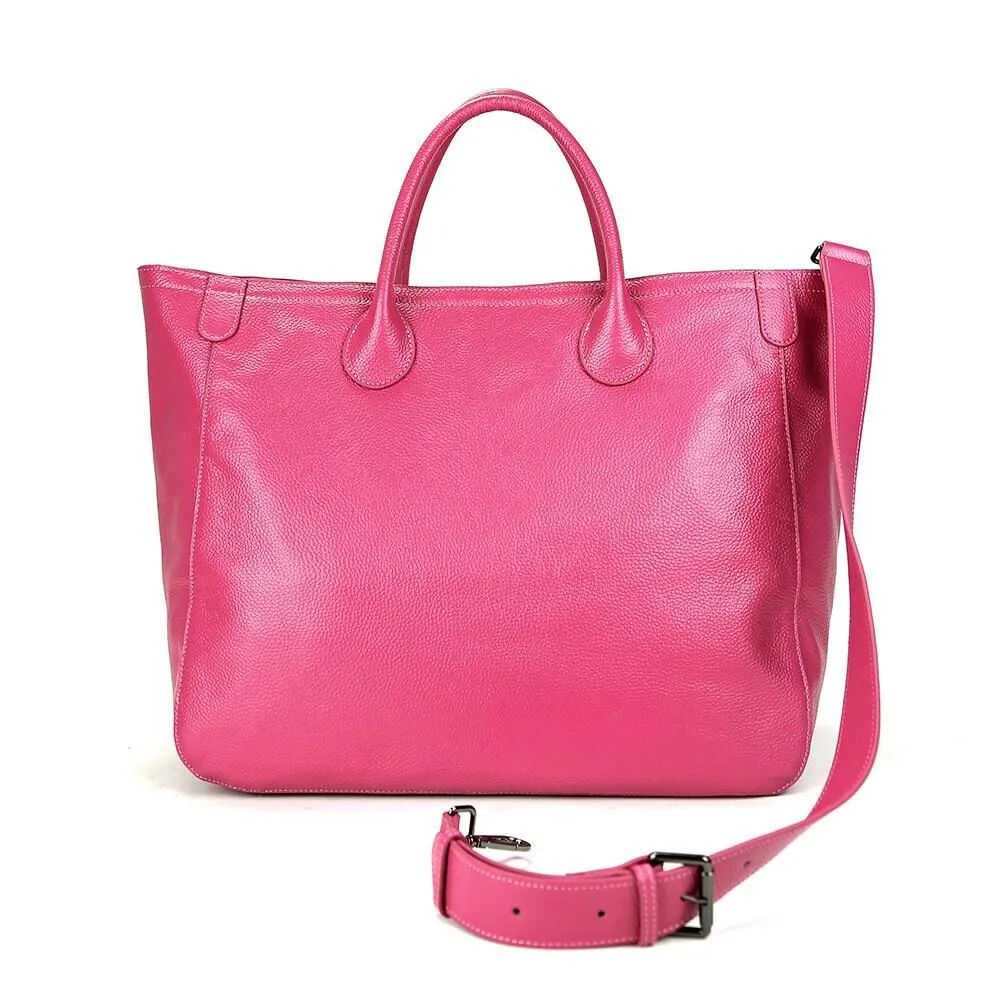 Oversize Large Leather Tote Bag, Cowhide Leather Everyday Bag, Leather Shoulder Bag, Weekend Bag Crossbody Bag, Lady Fashion Bag Hot Pink