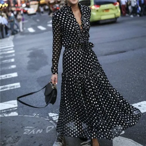 Polka Dot V Neck Bohemian Style Women Dress