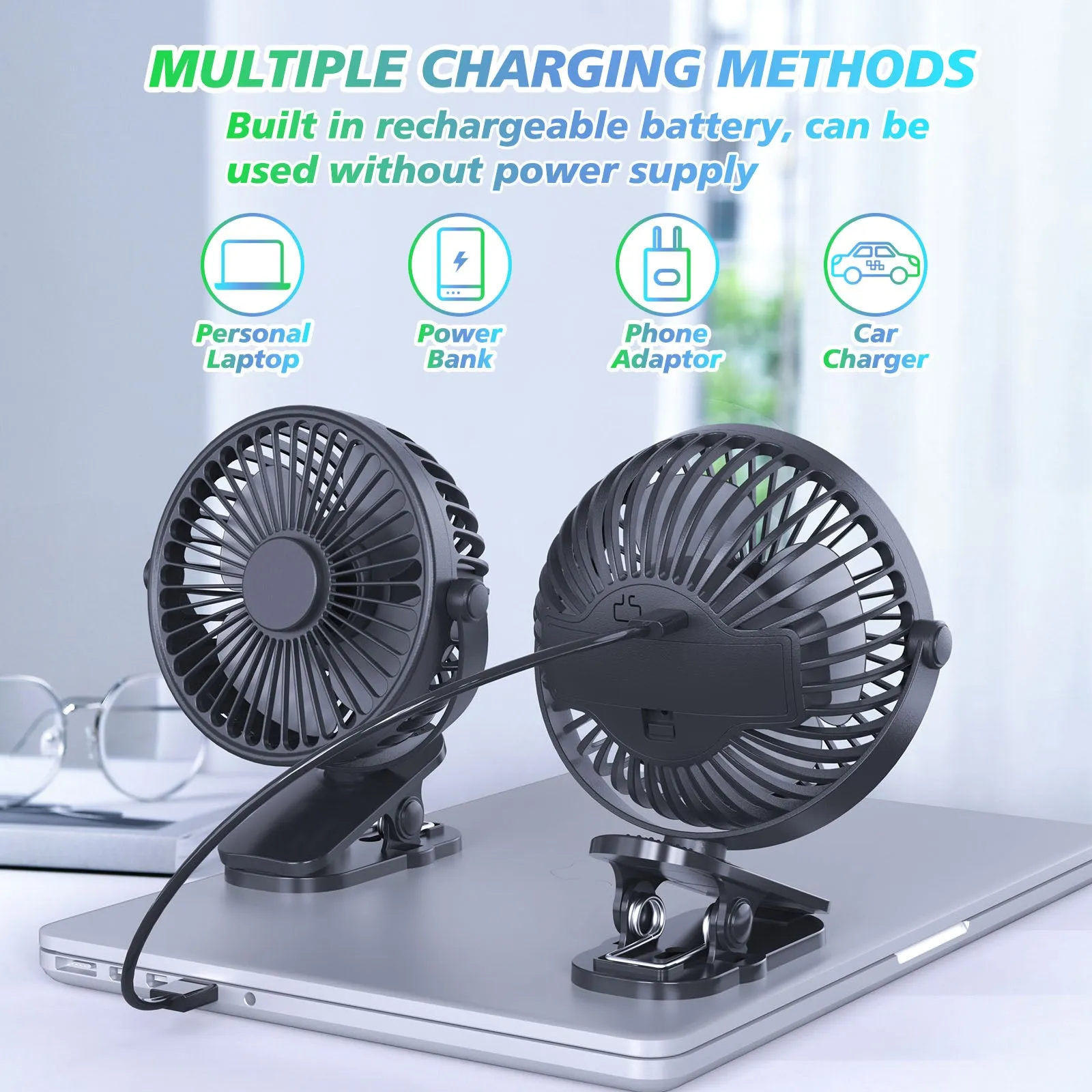 Portable Clip on Fan Battery Operated, Small Powerful USB Desk Fan, 3 Speed Quiet Rechargeable Mini Table Fan, 360 Rotate Cooling Fan for Home Office Travel Outdoor&Indoor Treadmill