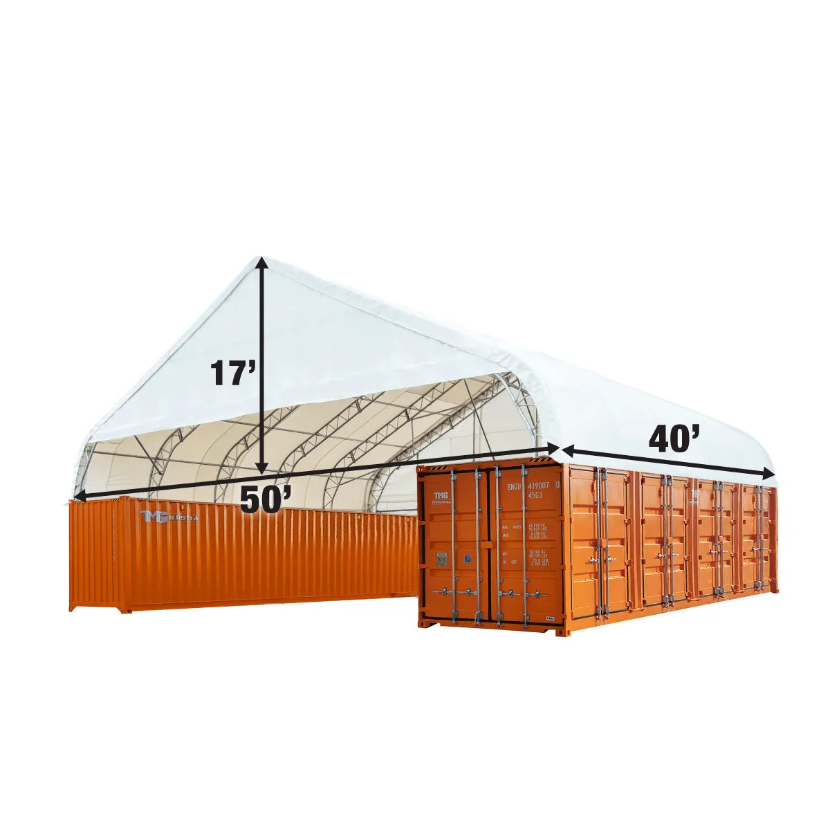 TMG Industrial Pro Series 50' x 40' Dual Truss Container Shelter with Heavy Duty 32 oz PVC Cover, Enclosed End Wall and Front Drop, TMG-DT5040CF-PRO