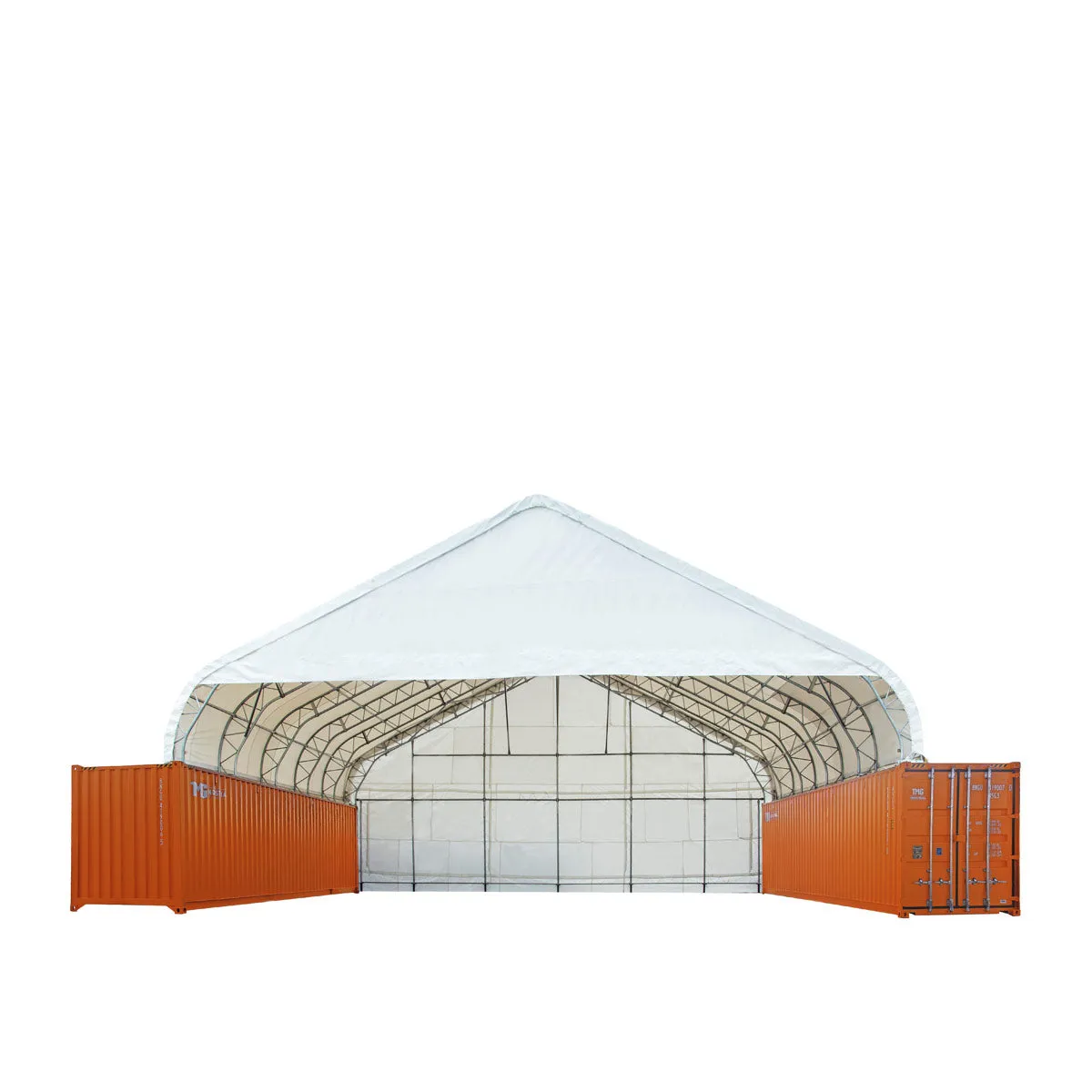 TMG Industrial Pro Series 50' x 40' Dual Truss Container Shelter with Heavy Duty 32 oz PVC Cover, Enclosed End Wall and Front Drop, TMG-DT5040CF-PRO