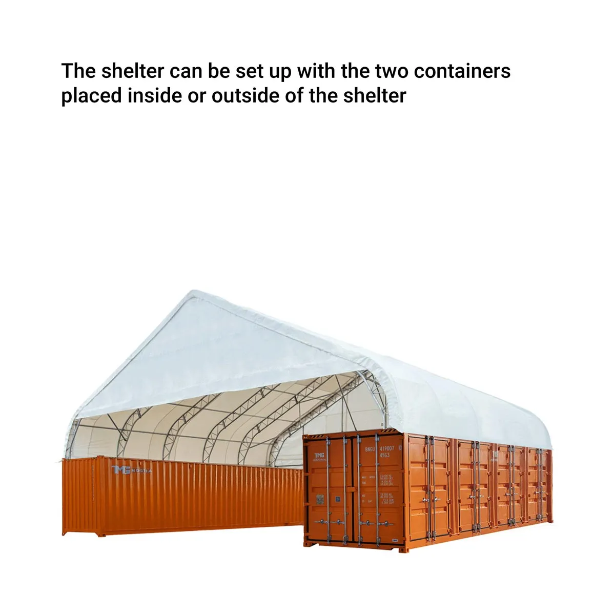 TMG Industrial Pro Series 50' x 40' Dual Truss Container Shelter with Heavy Duty 32 oz PVC Cover, Enclosed End Wall and Front Drop, TMG-DT5040CF-PRO