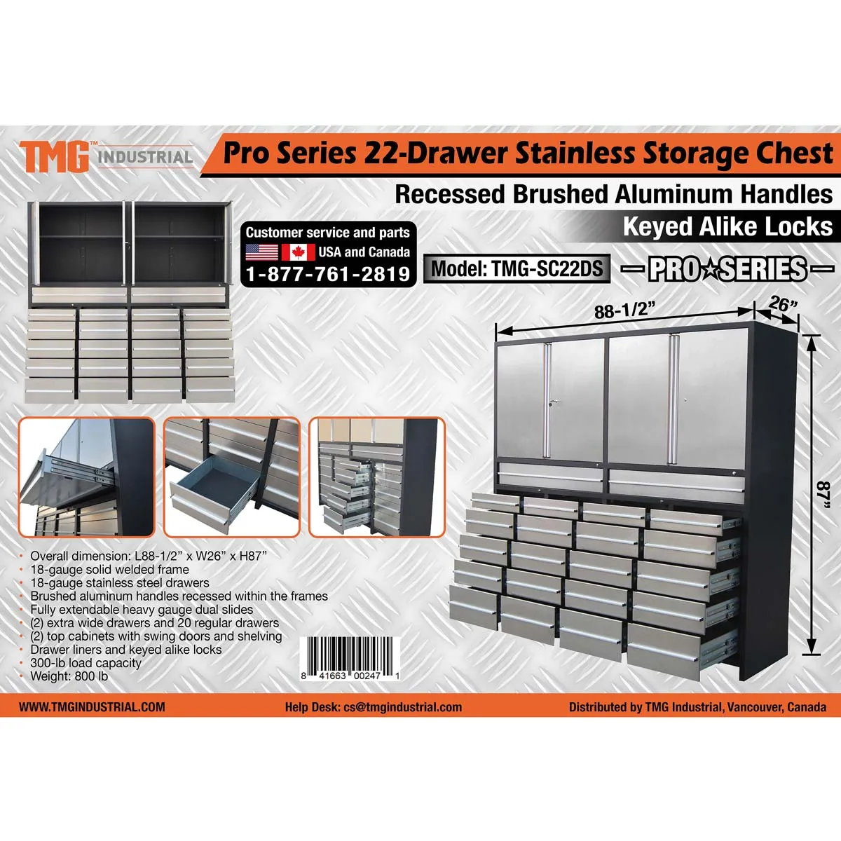 TMG Industrial Pro Series 7-Ft 22 Drawer Stainless Steel Storage Chest, Top Cabinets, All-in-One Welded Frame, Keyed Alike Locks, TMG-SC22DS