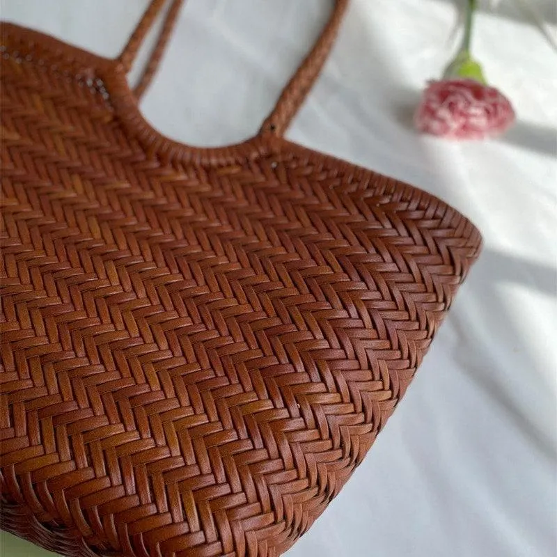 Woven Leather Tote Bag, Leather Hand Woven Triple Jump Bamboo Style Ladies HOBO Bag, Summer Holiday Bag, Handcrafted  Women Woven Bag