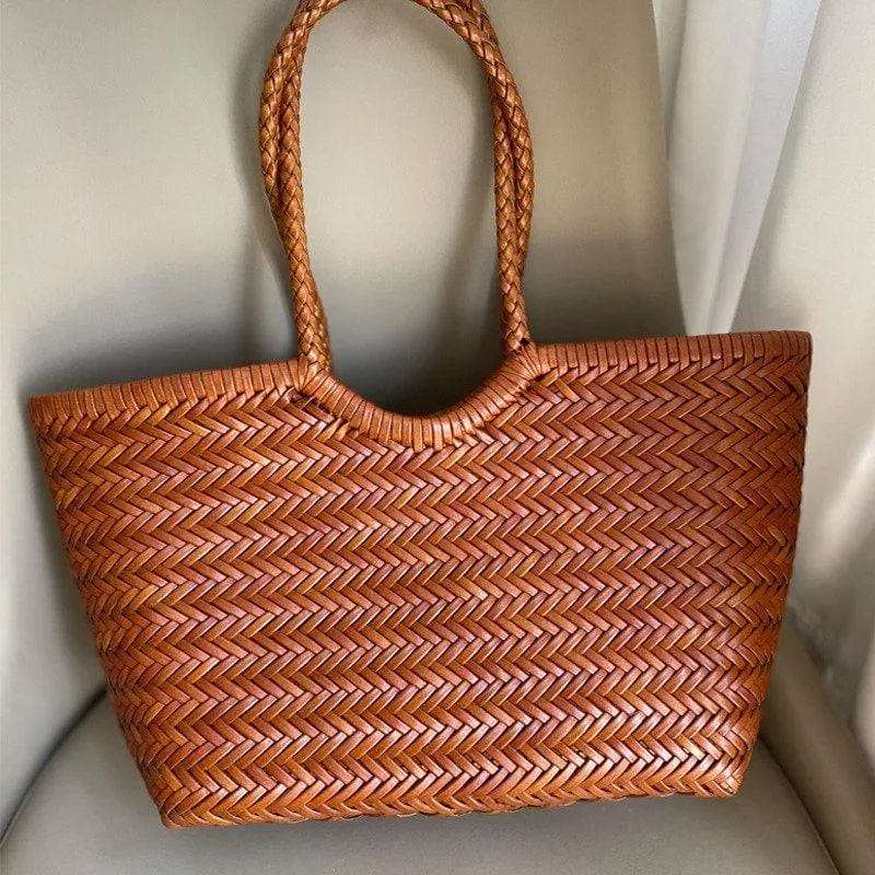 Woven Leather Tote Bag, Leather Hand Woven Triple Jump Bamboo Style Ladies HOBO Bag, Summer Holiday Bag, Handcrafted  Women Woven Bag