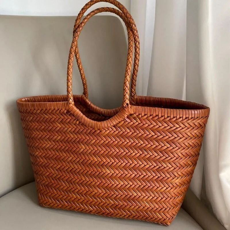 Woven Leather Tote Bag, Leather Hand Woven Triple Jump Bamboo Style Ladies HOBO Bag, Summer Holiday Bag, Handcrafted  Women Woven Bag